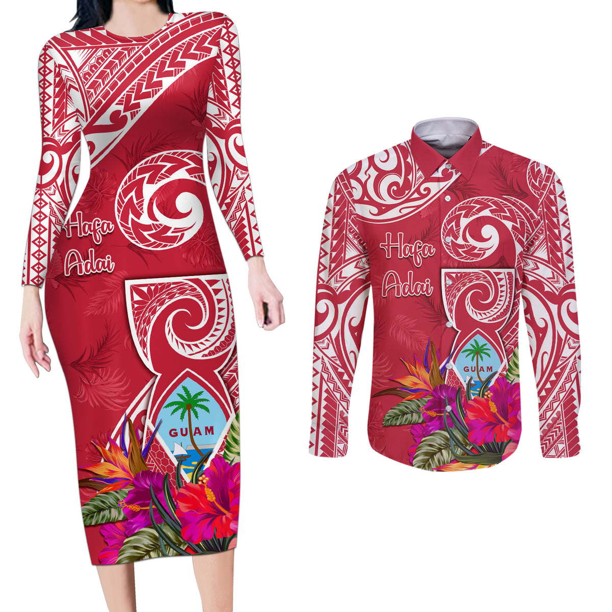 Personalised Hafa Adai Guam History and Chamorro Heritage Day Couples Matching Long Sleeve Bodycon Dress and Long Sleeve Button Shirt Red Latte Stone LT05 Red - Polynesian Pride