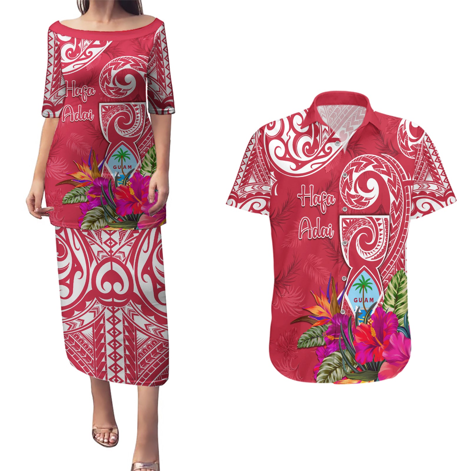 Personalised Hafa Adai Guam History and Chamorro Heritage Day Couples Matching Puletasi Dress and Hawaiian Shirt Red Latte Stone LT05 Red - Polynesian Pride