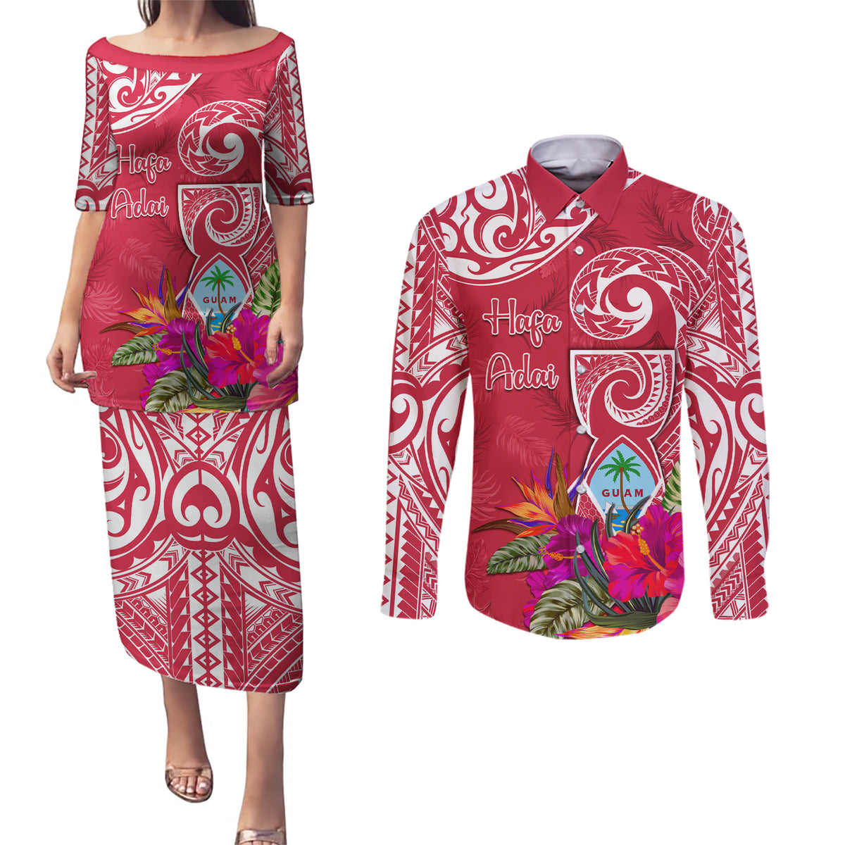 Personalised Hafa Adai Guam History and Chamorro Heritage Day Couples Matching Puletasi Dress and Long Sleeve Button Shirt Red Latte Stone LT05 Red - Polynesian Pride