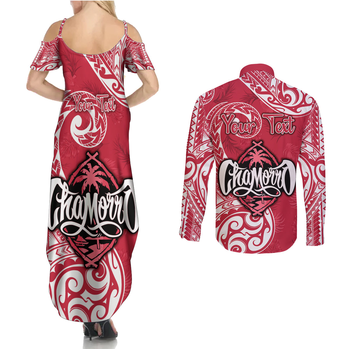 Personalised Hafa Adai Guam History and Chamorro Heritage Day Couples Matching Summer Maxi Dress and Long Sleeve Button Shirt Red Latte Stone LT05 - Polynesian Pride