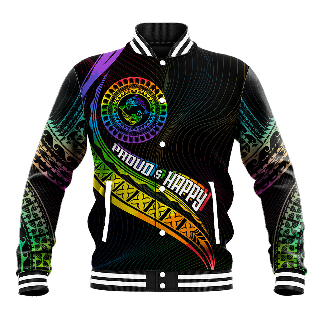 Personalised LGBT History Month Baseball Jacket Proud And Happy Polynesian Dolphin LT05 Unisex Black - Polynesian Pride