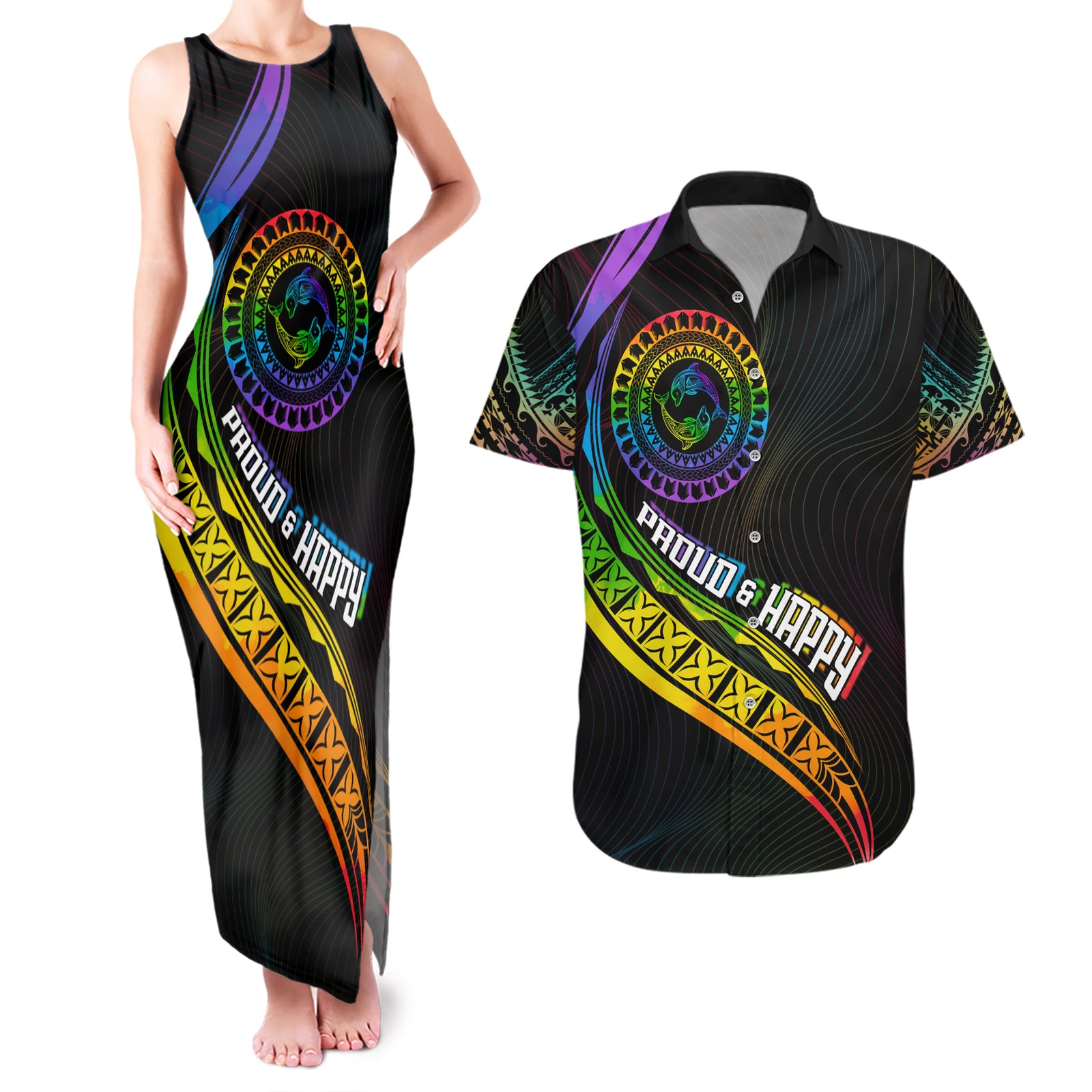Personalised LGBT History Month Couples Matching Tank Maxi Dress and Hawaiian Shirt Proud And Happy Polynesian Dolphin LT05 Black - Polynesian Pride