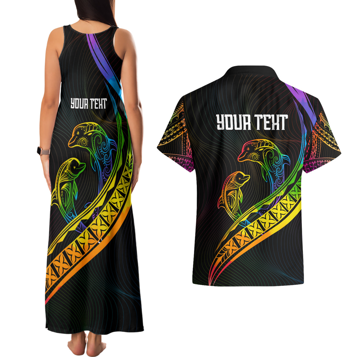 Personalised LGBT History Month Couples Matching Tank Maxi Dress and Hawaiian Shirt Proud And Happy Polynesian Dolphin LT05 - Polynesian Pride