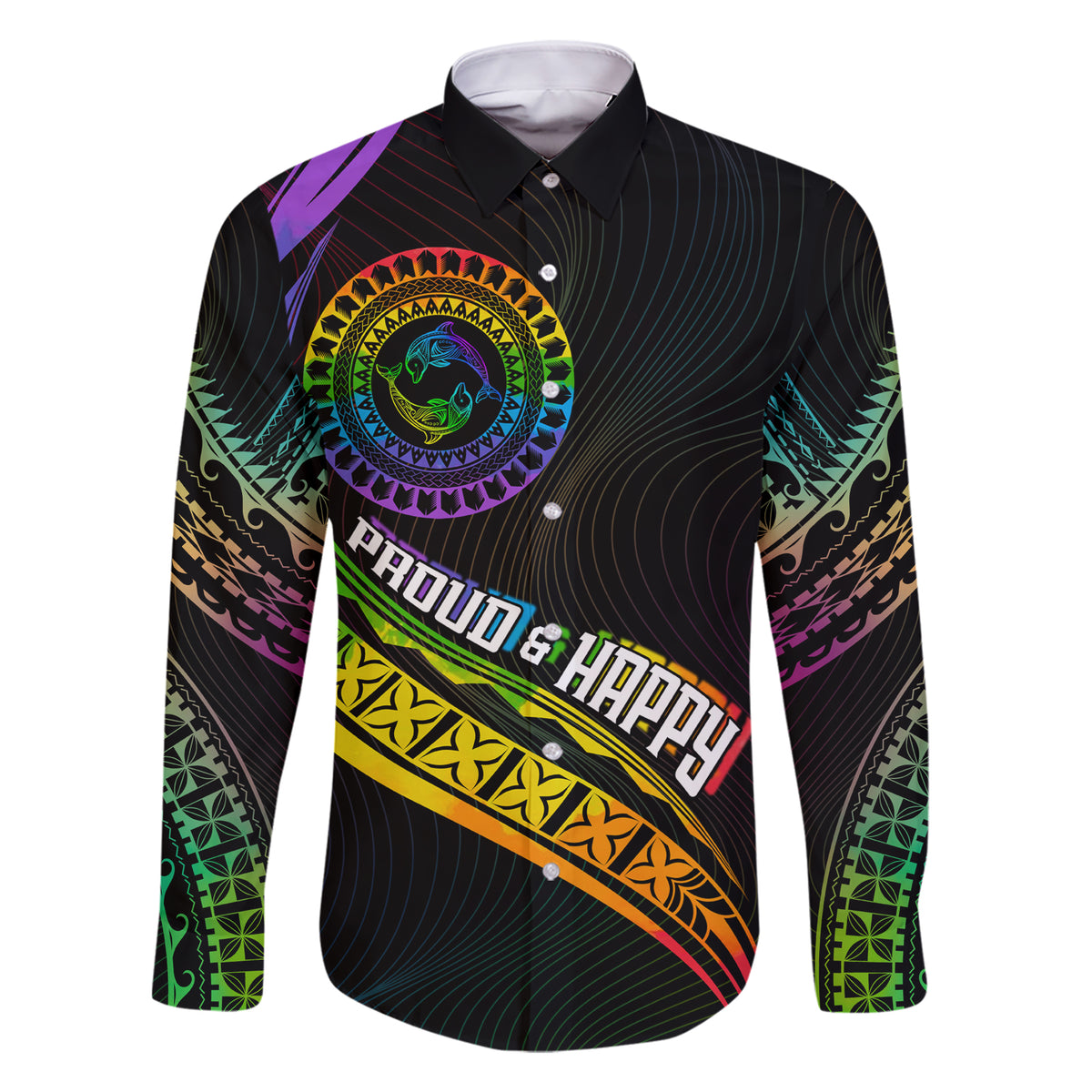 Personalised LGBT History Month Family Matching Short Sleeve Bodycon Dress and Hawaiian Shirt Proud And Happy Polynesian Dolphin LT05 Dad's Shirt - Long Sleeve Black - Polynesian Pride