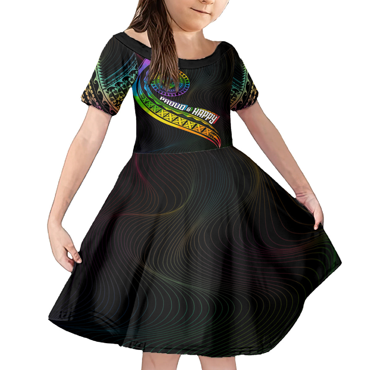 Personalised LGBT History Month Family Matching Tank Maxi Dress and Hawaiian Shirt Proud And Happy Polynesian Dolphin LT05 Daughter's Dress Black - Polynesian Pride