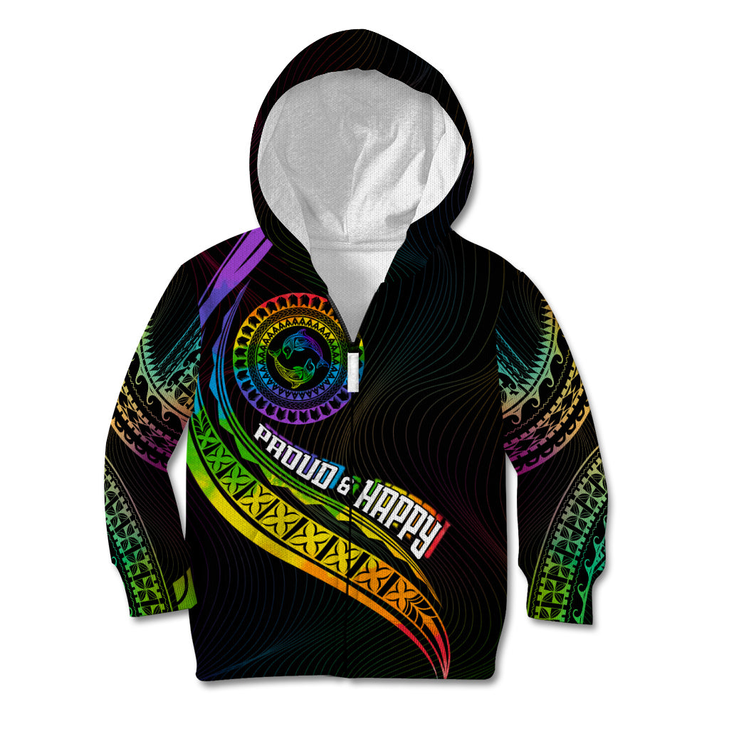 Personalised LGBT History Month Kid Hoodie Proud And Happy Polynesian Dolphin LT05 Zip Hoodie Black - Polynesian Pride