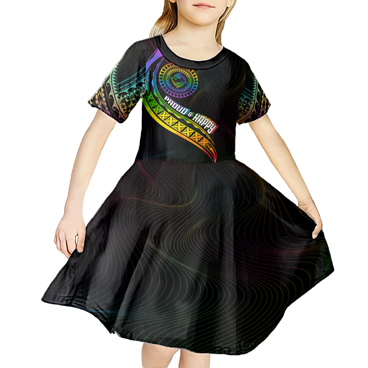 Personalised LGBT History Month Kid Short Sleeve Dress Proud And Happy Polynesian Dolphin LT05 - Polynesian Pride