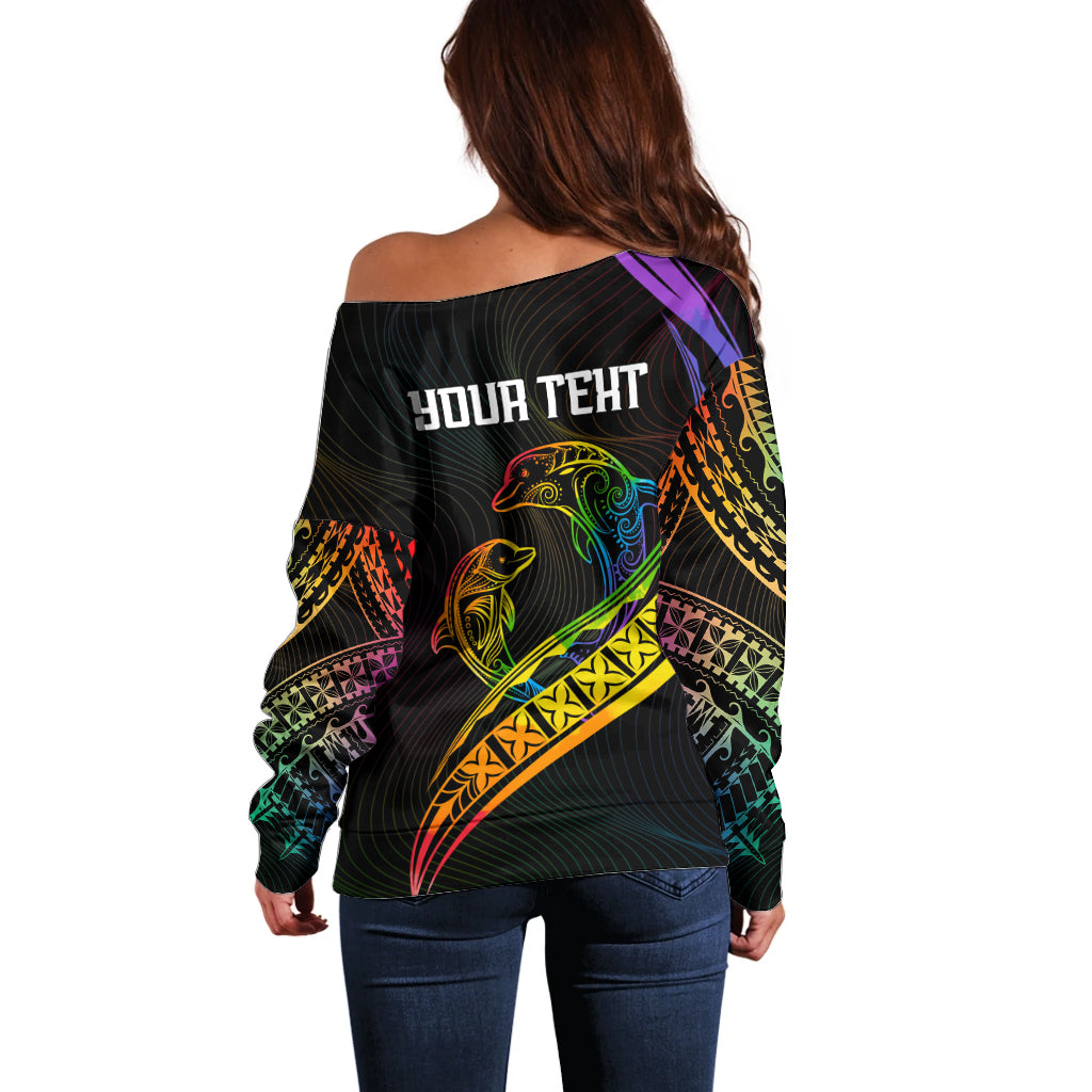 Personalised LGBT History Month Off Shoulder Sweater Proud And Happy Polynesian Dolphin LT05 - Polynesian Pride
