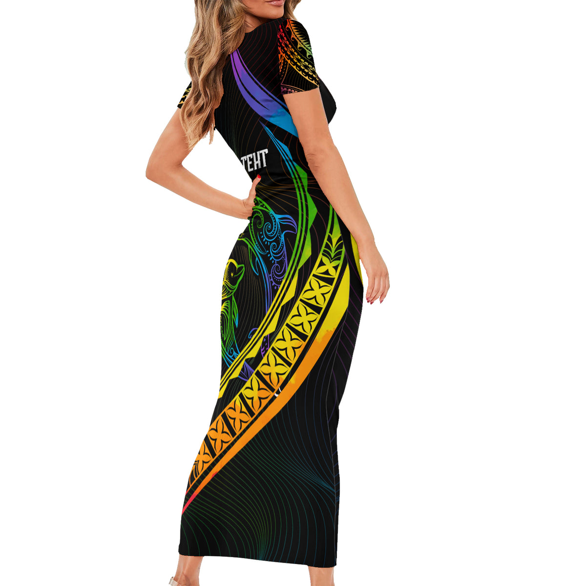 Personalised LGBT History Month Short Sleeve Bodycon Dress Proud And Happy Polynesian Dolphin LT05 - Polynesian Pride