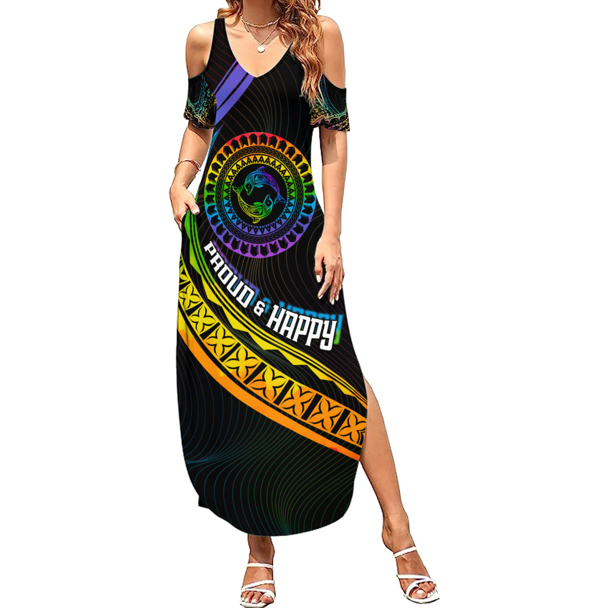 Personalised LGBT History Month Summer Maxi Dress Proud And Happy Polynesian Dolphin LT05 Women Black - Polynesian Pride