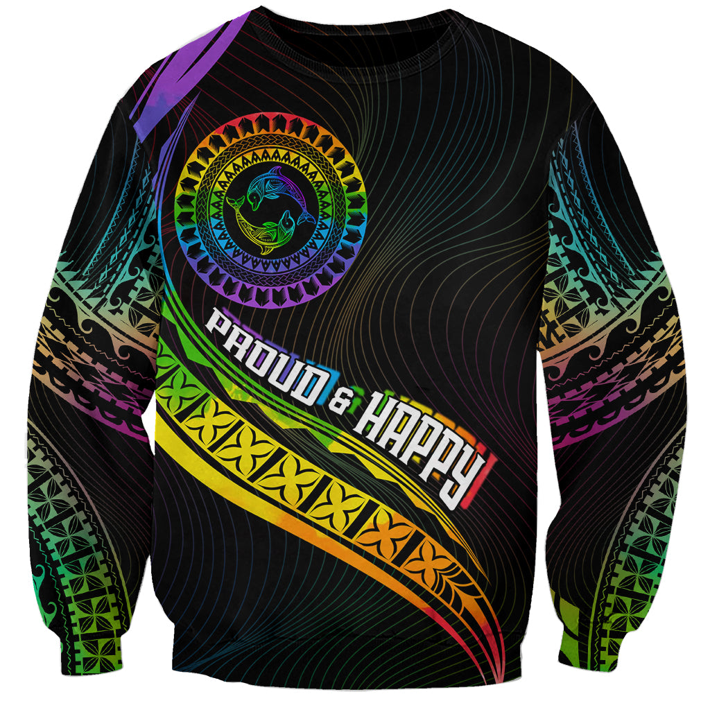 Personalised LGBT History Month Sweatshirt Proud And Happy Polynesian Dolphin LT05 Unisex Black - Polynesian Pride