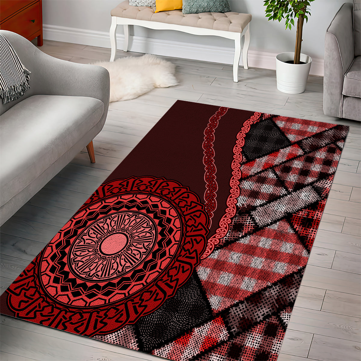 New Zealand Aotearoa Area Rug Maori Harakeke Weaving Pattern Red LT05 - Polynesian Pride