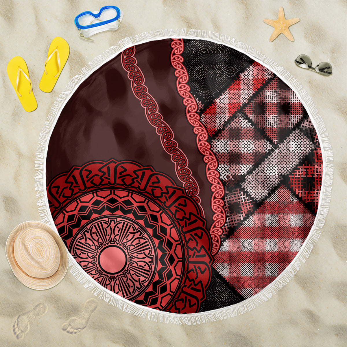 New Zealand Aotearoa Beach Blanket Maori Harakeke Weaving Pattern Red LT05 One Size 150cm Red - Polynesian Pride