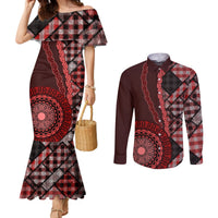 New Zealand Aotearoa Couples Matching Mermaid Dress and Long Sleeve Button Shirt Maori Harakeke Weaving Pattern Red LT05 Red - Polynesian Pride
