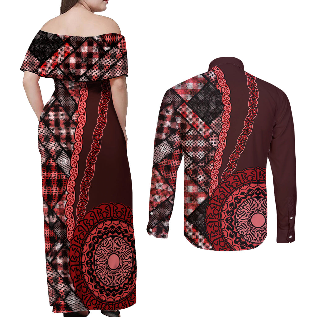 New Zealand Aotearoa Couples Matching Off Shoulder Maxi Dress and Long Sleeve Button Shirt Maori Harakeke Weaving Pattern Red LT05 - Polynesian Pride