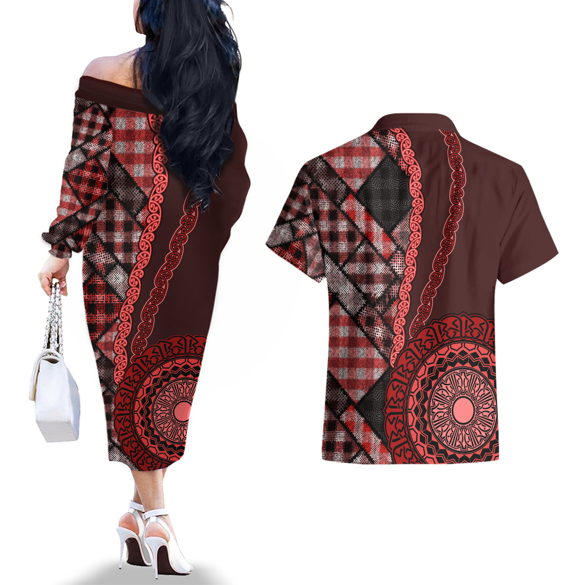 New Zealand Aotearoa Couples Matching Off The Shoulder Long Sleeve Dress and Hawaiian Shirt Maori Harakeke Weaving Pattern Red LT05 - Polynesian Pride