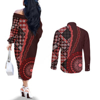 New Zealand Aotearoa Couples Matching Off The Shoulder Long Sleeve Dress and Long Sleeve Button Shirt Maori Harakeke Weaving Pattern Red LT05 - Polynesian Pride