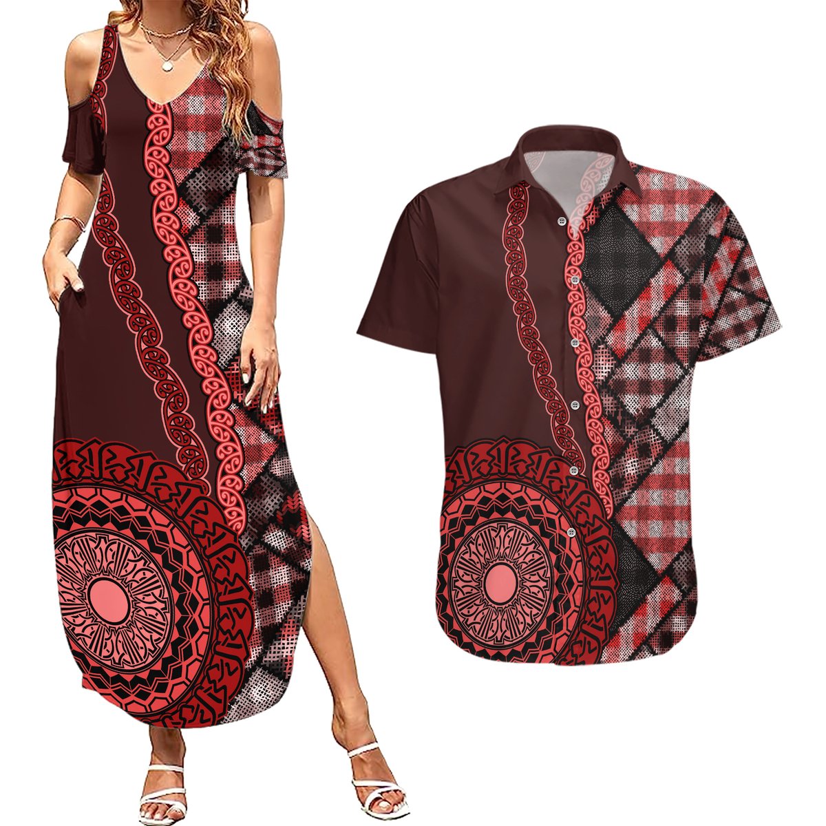 New Zealand Aotearoa Couples Matching Summer Maxi Dress and Hawaiian Shirt Maori Harakeke Weaving Pattern Red LT05 Red - Polynesian Pride