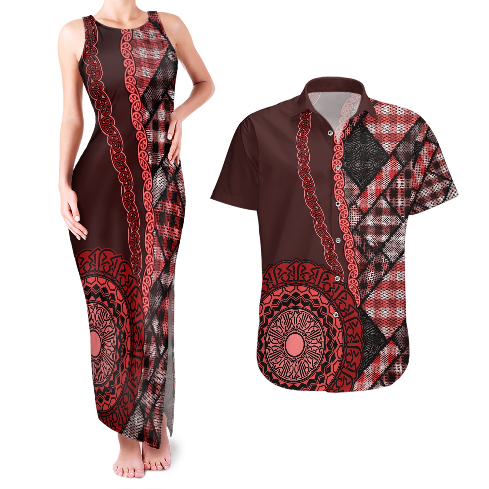 New Zealand Aotearoa Couples Matching Tank Maxi Dress and Hawaiian Shirt Maori Harakeke Weaving Pattern Red LT05 Red - Polynesian Pride