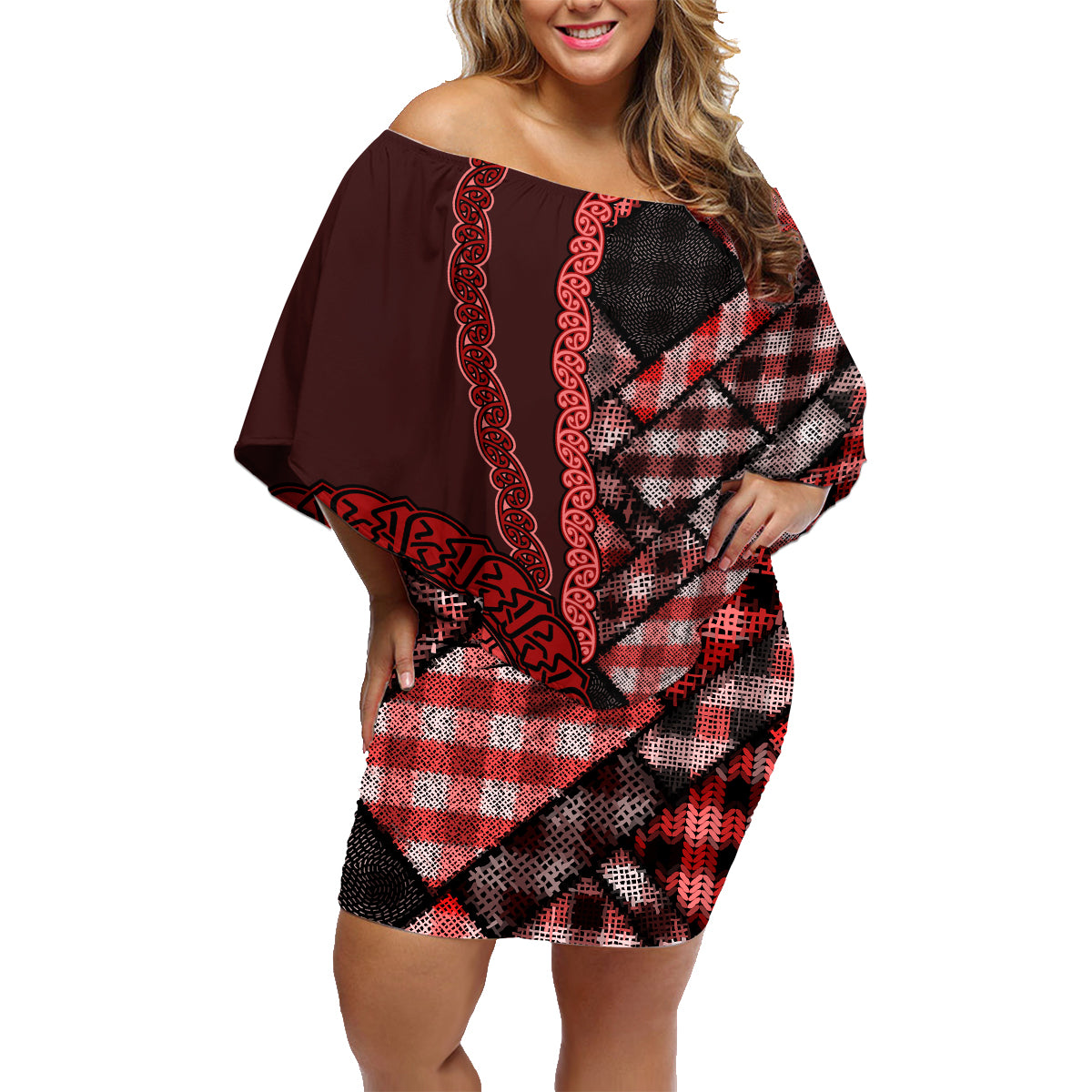 New Zealand Aotearoa Family Matching Off Shoulder Short Dress and Hawaiian Shirt Maori Harakeke Weaving Pattern Red LT05 Mom's Dress Red - Polynesian Pride