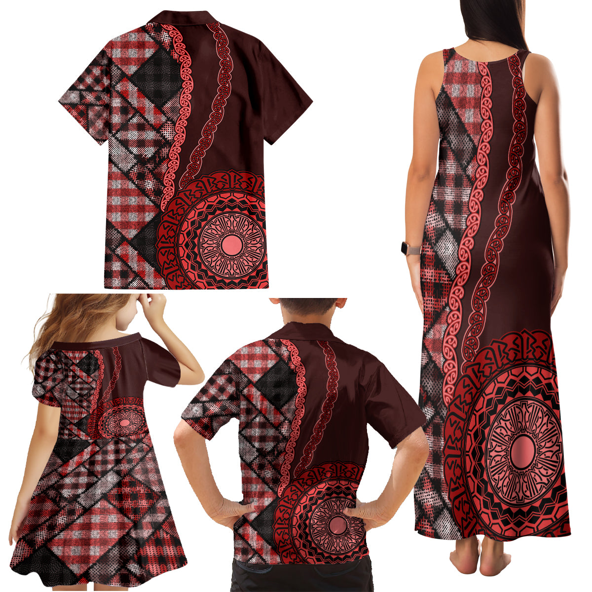 New Zealand Aotearoa Family Matching Tank Maxi Dress and Hawaiian Shirt Maori Harakeke Weaving Pattern Red LT05 - Polynesian Pride
