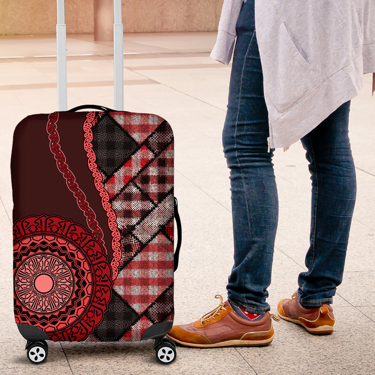 New Zealand Aotearoa Luggage Cover Maori Harakeke Weaving Pattern Red LT05 Red - Polynesian Pride