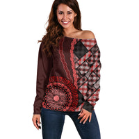 New Zealand Aotearoa Off Shoulder Sweater Maori Harakeke Weaving Pattern Red LT05 Women Red - Polynesian Pride