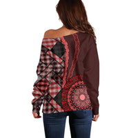 New Zealand Aotearoa Off Shoulder Sweater Maori Harakeke Weaving Pattern Red LT05 - Polynesian Pride