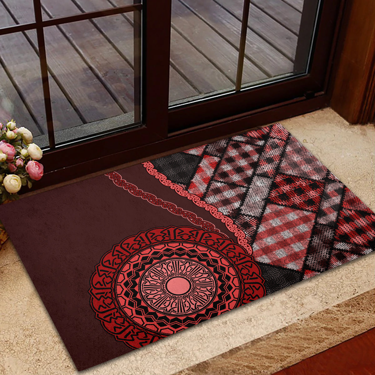 New Zealand Aotearoa Rubber Doormat Maori Harakeke Weaving Pattern Red LT05 - Polynesian Pride