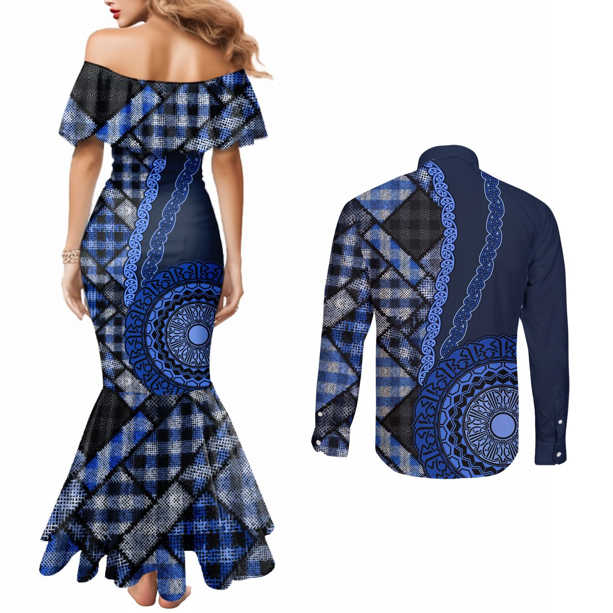 New Zealand Aotearoa Couples Matching Mermaid Dress and Long Sleeve Button Shirt Maori Harakeke Weaving Pattern Blue LT05 - Polynesian Pride