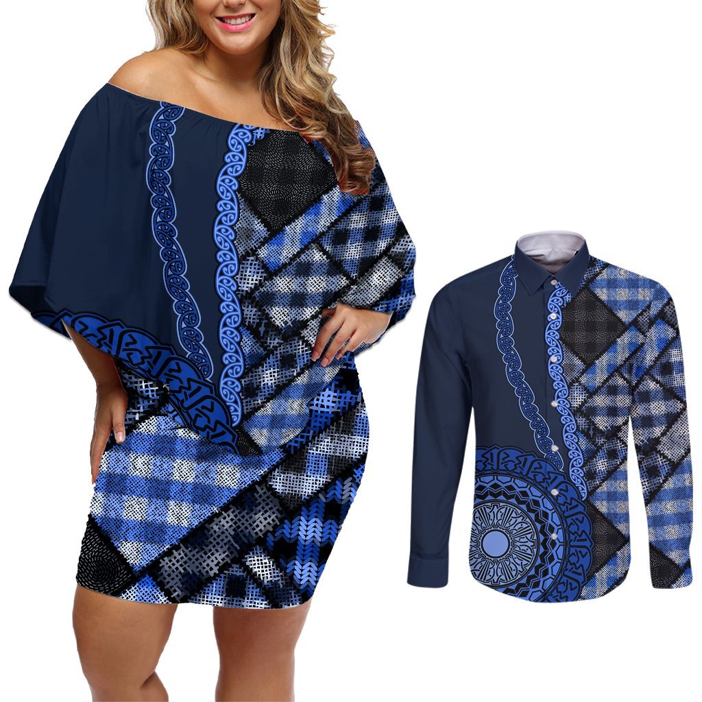 New Zealand Aotearoa Couples Matching Off Shoulder Short Dress and Long Sleeve Button Shirt Maori Harakeke Weaving Pattern Blue LT05 Blue - Polynesian Pride