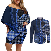 New Zealand Aotearoa Couples Matching Off Shoulder Short Dress and Long Sleeve Button Shirt Maori Harakeke Weaving Pattern Blue LT05 Blue - Polynesian Pride