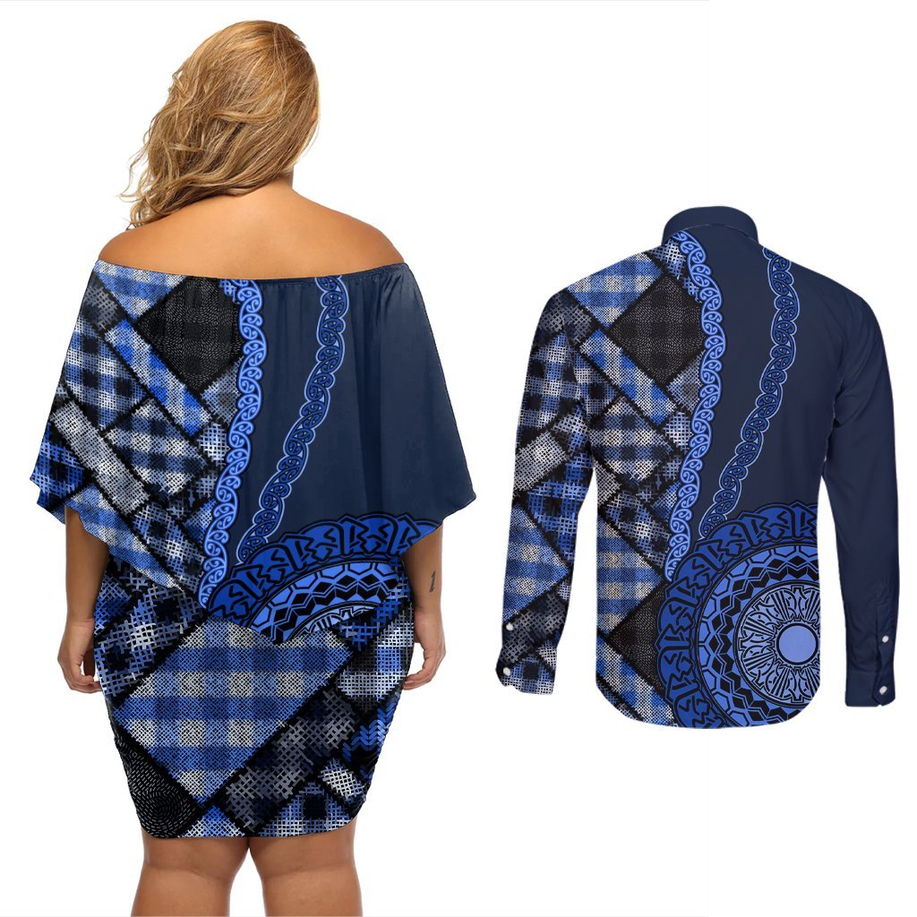 New Zealand Aotearoa Couples Matching Off Shoulder Short Dress and Long Sleeve Button Shirt Maori Harakeke Weaving Pattern Blue LT05 - Polynesian Pride