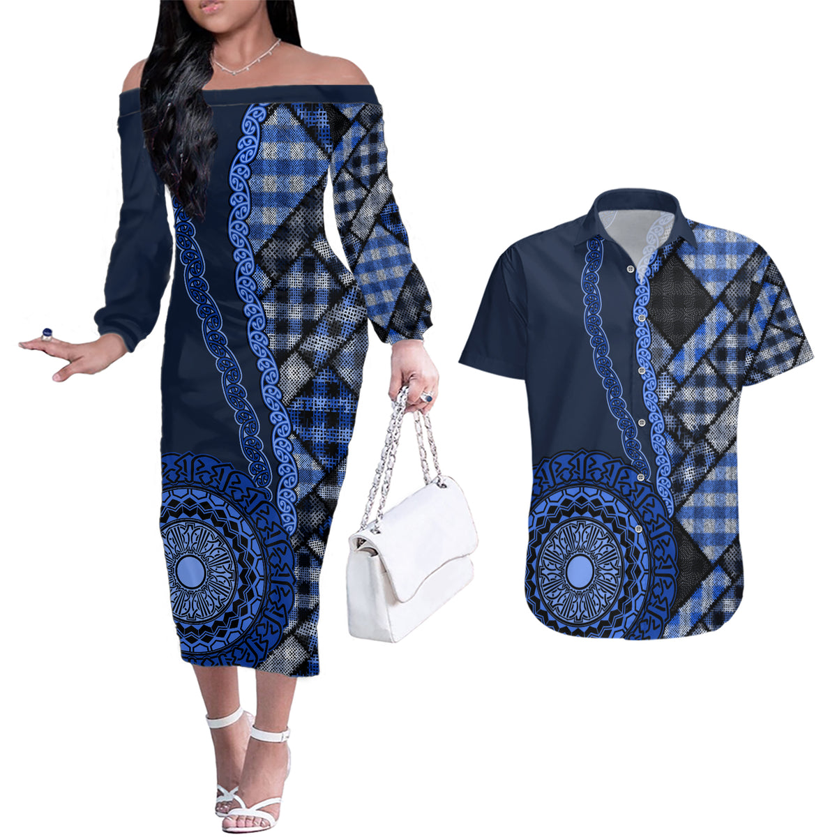 New Zealand Aotearoa Couples Matching Off The Shoulder Long Sleeve Dress and Hawaiian Shirt Maori Harakeke Weaving Pattern Blue LT05 Blue - Polynesian Pride