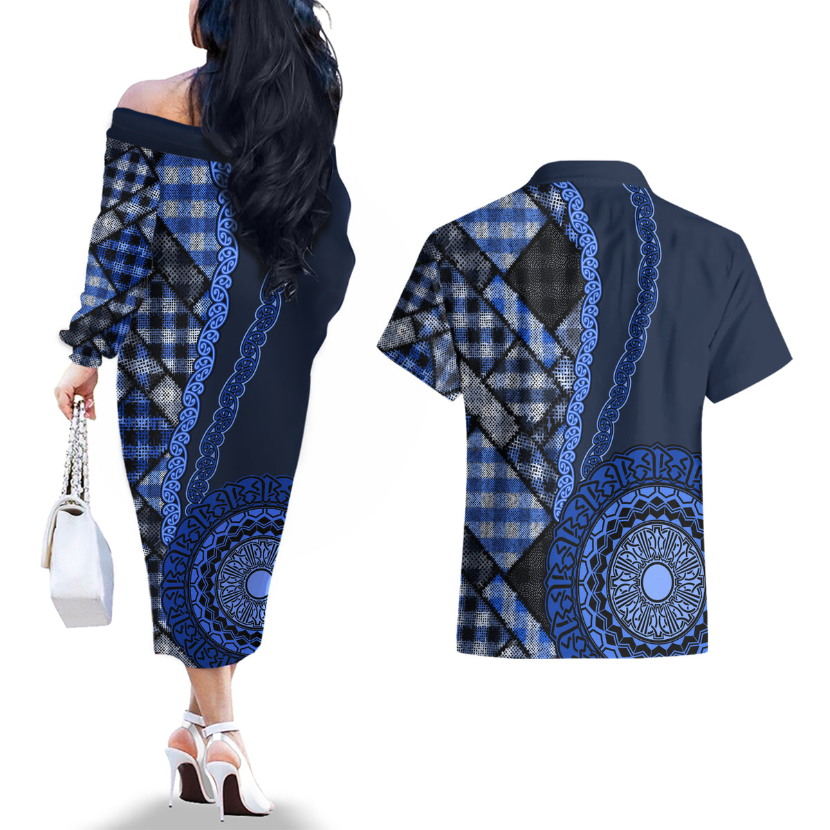 New Zealand Aotearoa Couples Matching Off The Shoulder Long Sleeve Dress and Hawaiian Shirt Maori Harakeke Weaving Pattern Blue LT05 - Polynesian Pride