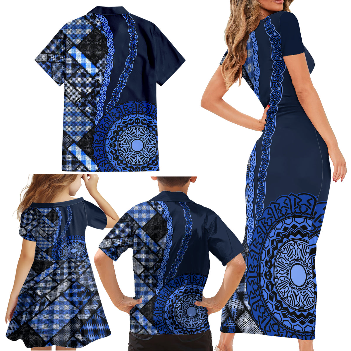 New Zealand Aotearoa Family Matching Short Sleeve Bodycon Dress and Hawaiian Shirt Maori Harakeke Weaving Pattern Blue LT05 - Polynesian Pride