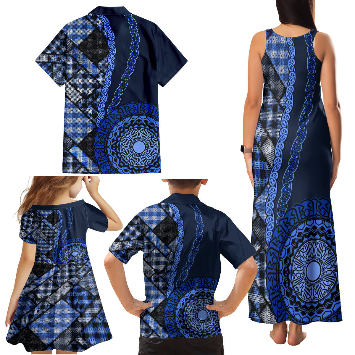 New Zealand Aotearoa Family Matching Tank Maxi Dress and Hawaiian Shirt Maori Harakeke Weaving Pattern Blue LT05 - Polynesian Pride