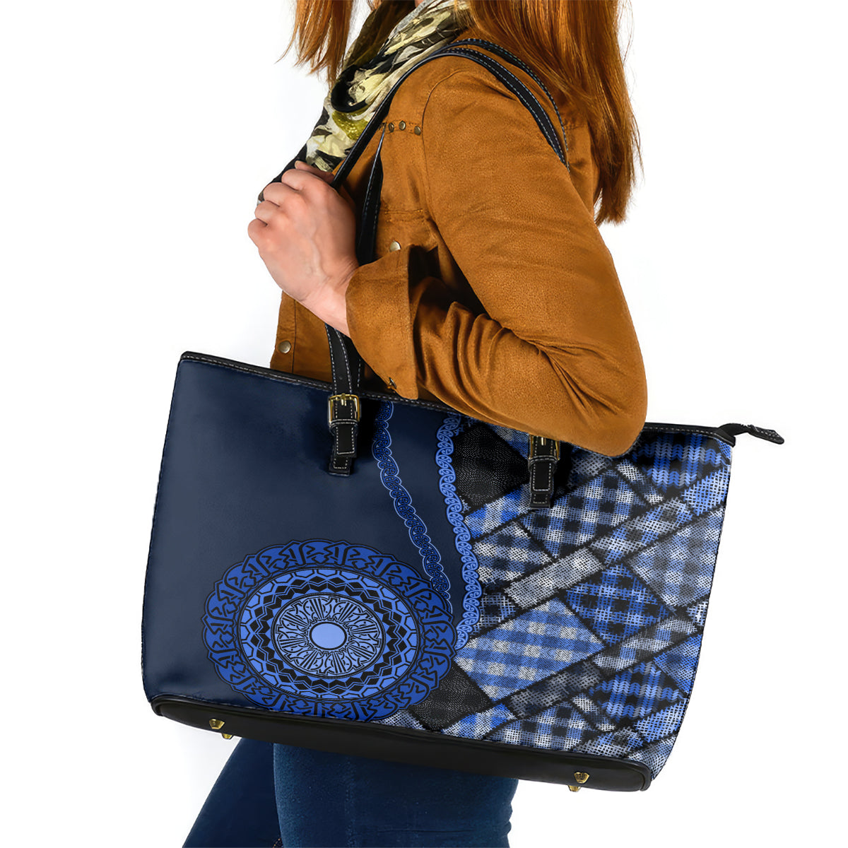 New Zealand Aotearoa Leather Tote Bag Maori Harakeke Weaving Pattern Blue LT05 Blue - Polynesian Pride