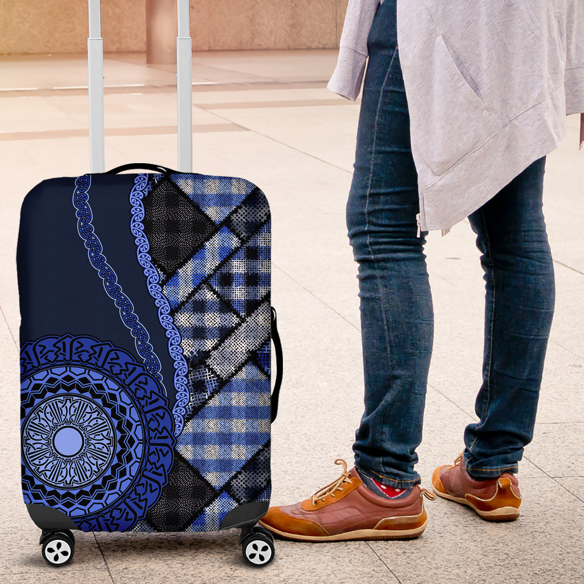 New Zealand Aotearoa Luggage Cover Maori Harakeke Weaving Pattern Blue LT05 Blue - Polynesian Pride