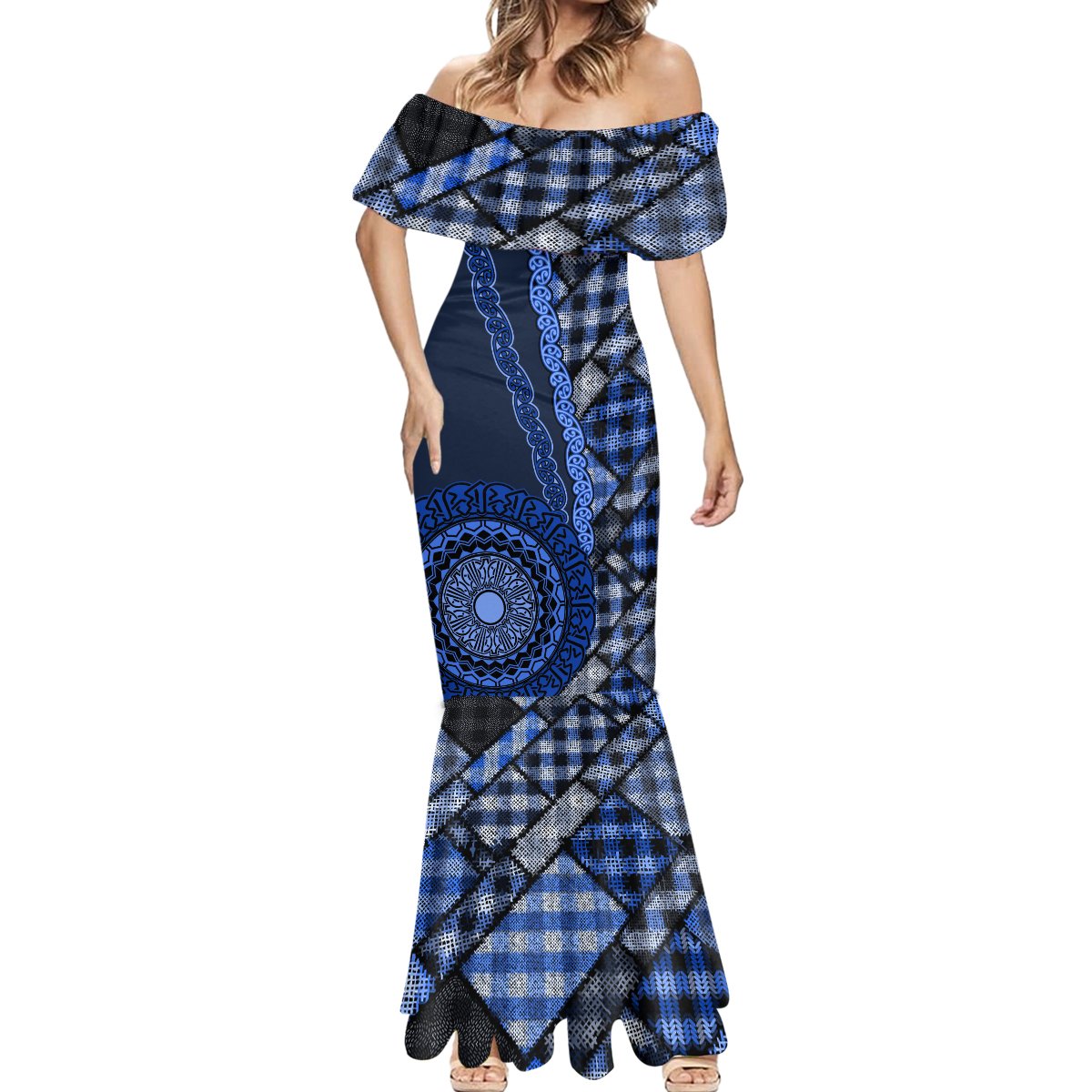 New Zealand Aotearoa Mermaid Dress Maori Harakeke Weaving Pattern Blue LT05 - Polynesian Pride