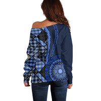New Zealand Aotearoa Off Shoulder Sweater Maori Harakeke Weaving Pattern Blue LT05 - Polynesian Pride