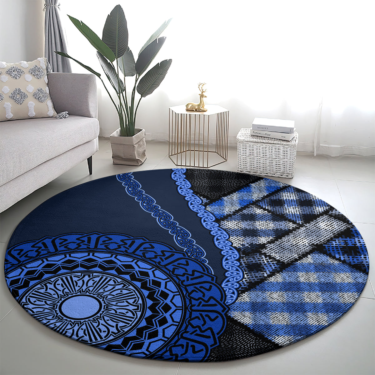 New Zealand Aotearoa Round Carpet Maori Harakeke Weaving Pattern Blue LT05 - Polynesian Pride