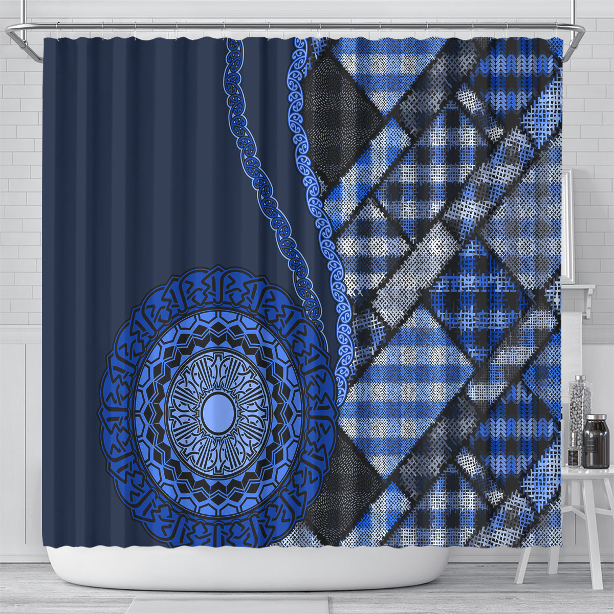 New Zealand Aotearoa Shower Curtain Maori Harakeke Weaving Pattern Blue LT05 - Polynesian Pride
