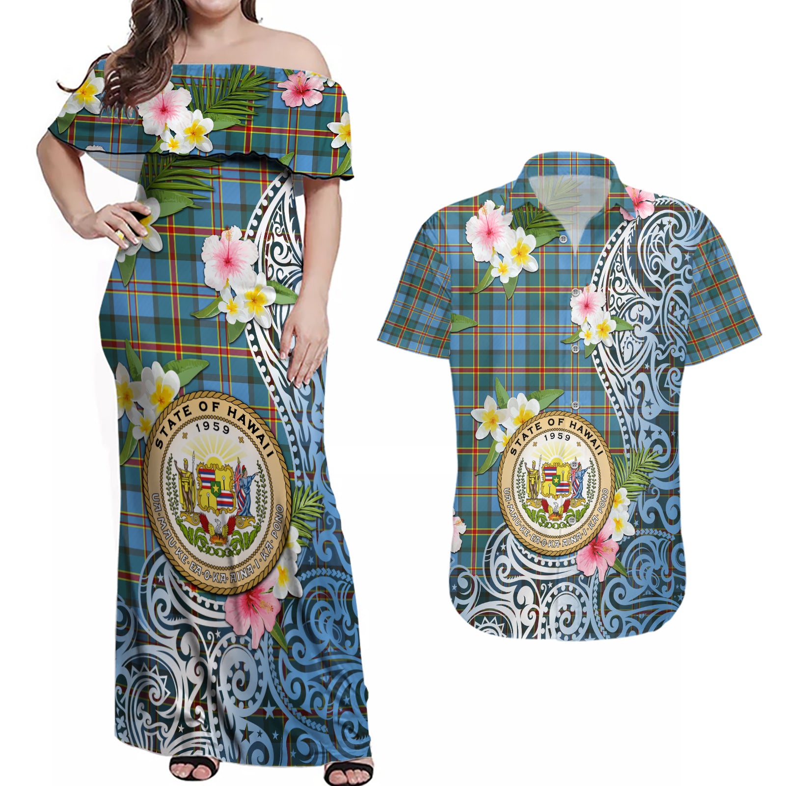 Personalised Hawaii State Couples Matching Off Shoulder Maxi Dress and Hawaiian Shirt Tropical Flowers With Tartan Pattern LT05 Blue - Polynesian Pride