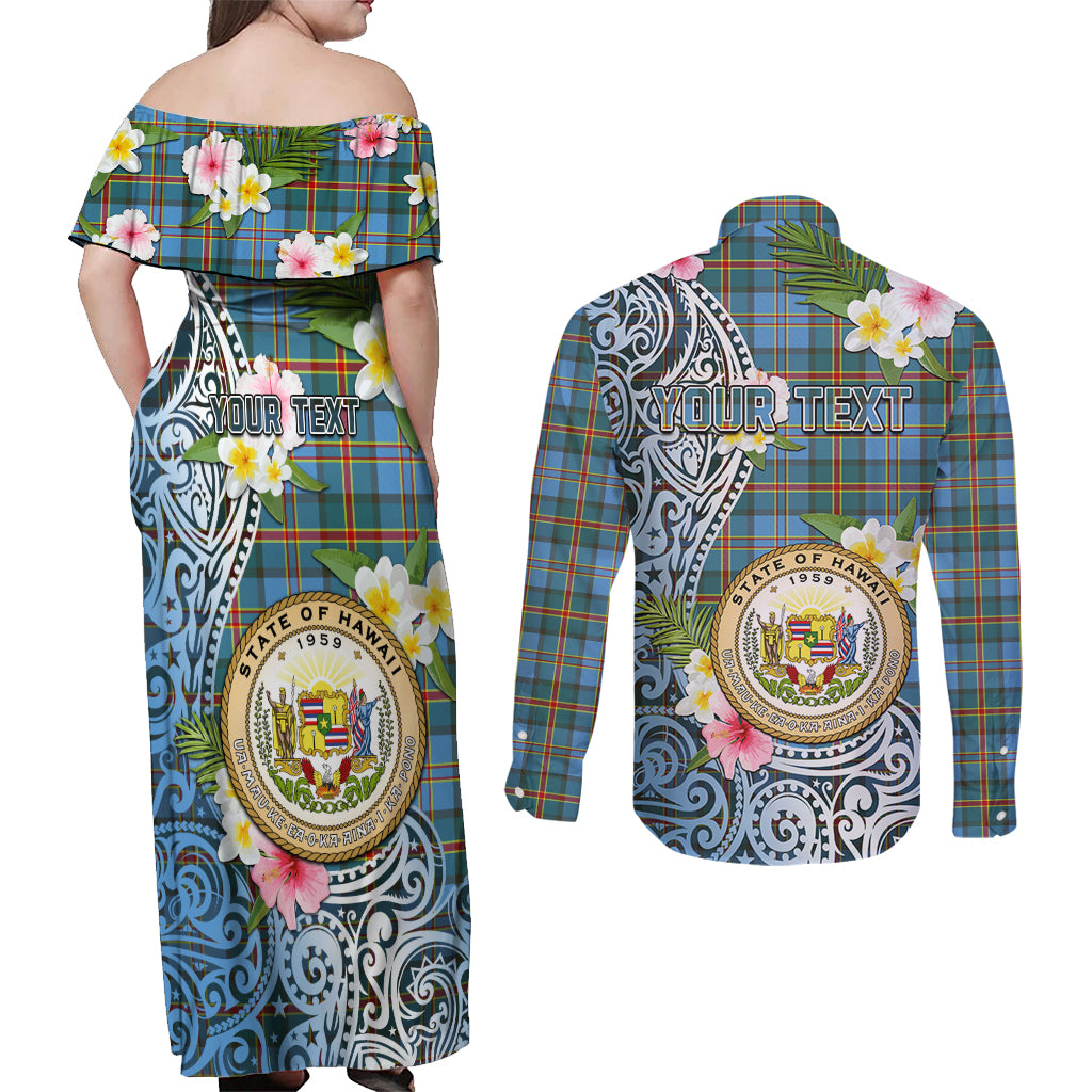 Personalised Hawaii State Couples Matching Off Shoulder Maxi Dress and Long Sleeve Button Shirt Tropical Flowers With Tartan Pattern LT05 - Polynesian Pride