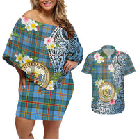 Personalised Hawaii State Couples Matching Off Shoulder Short Dress and Hawaiian Shirt Tropical Flowers With Tartan Pattern LT05 Blue - Polynesian Pride