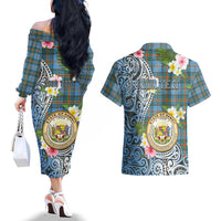 Personalised Hawaii State Couples Matching Off The Shoulder Long Sleeve Dress and Hawaiian Shirt Tropical Flowers With Tartan Pattern LT05 - Polynesian Pride