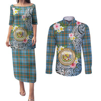 Personalised Hawaii State Couples Matching Puletasi Dress and Long Sleeve Button Shirt Tropical Flowers With Tartan Pattern LT05 Blue - Polynesian Pride