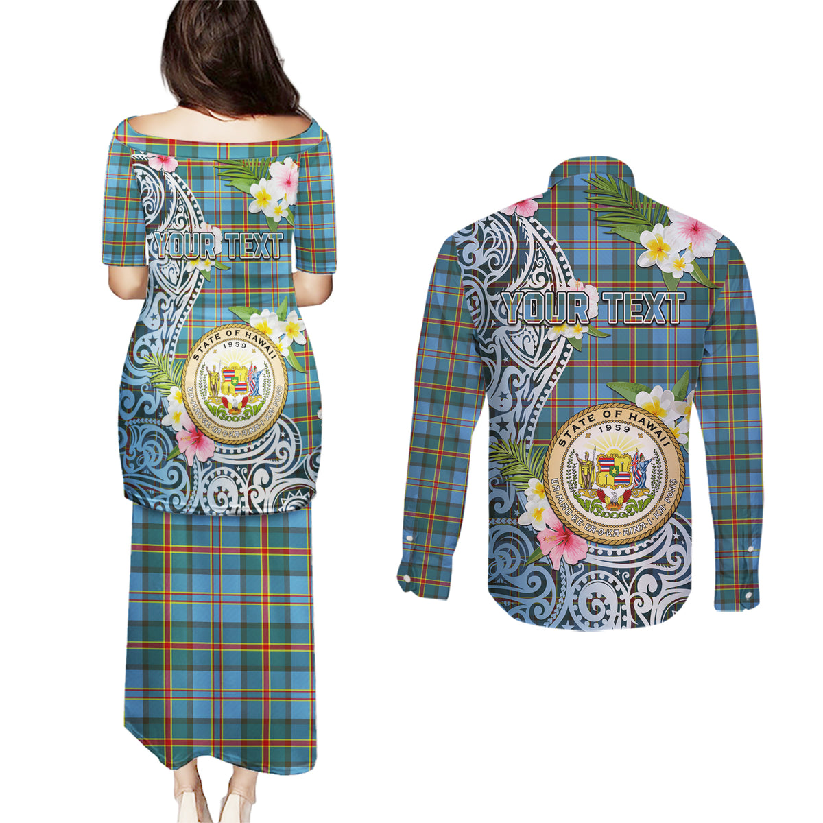 Personalised Hawaii State Couples Matching Puletasi Dress and Long Sleeve Button Shirt Tropical Flowers With Tartan Pattern LT05 - Polynesian Pride