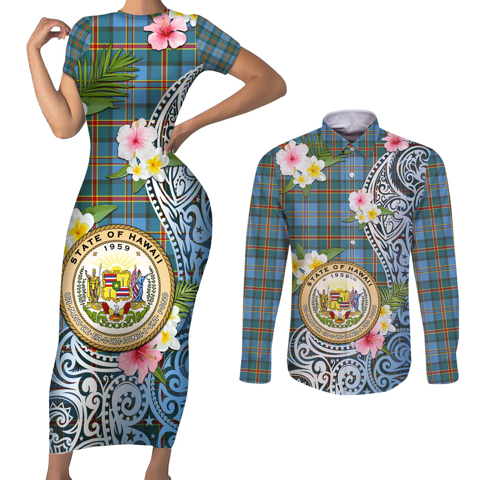 Personalised Hawaii State Couples Matching Short Sleeve Bodycon Dress and Long Sleeve Button Shirt Tropical Flowers With Tartan Pattern LT05 Blue - Polynesian Pride
